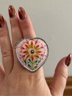 Bronze Tone Heart Shaped Adjustable Statement Ring with Floral Design